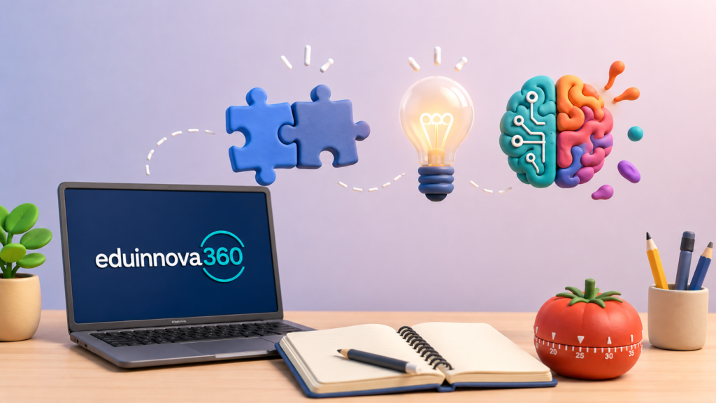 Espacio de trabajo minimalista estilo claymation 3D con laptop, cuaderno y temporizador Pomodoro rodeado de símbolos de creatividad, enfoque y agilidad mental.