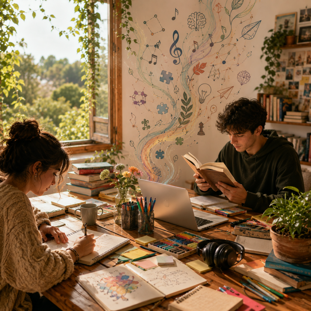 Espacio creativo con personas estudiando y escribiendo rodeadas de libros, laptop, colores y símbolos artísticos que representan las inteligencias múltiples y el aprendizaje creativo.
