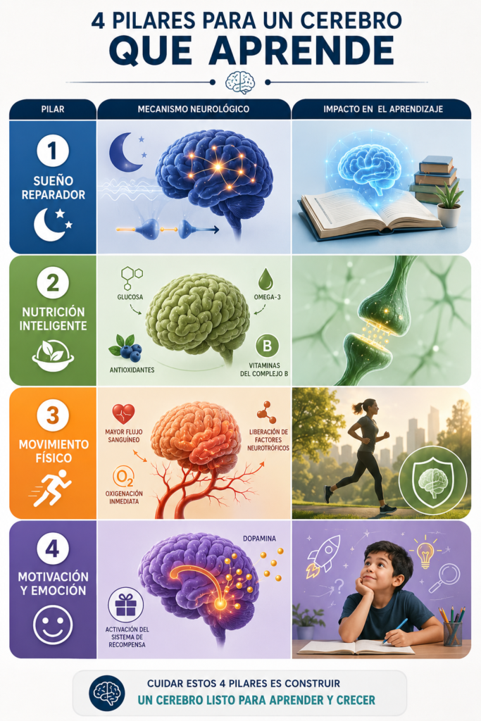 Infografía educativa sobre los 4 pilares para un cerebro que aprende: sueño reparador, nutrición inteligente, movimiento físico y motivación emocional, mostrando su impacto en la memoria, el aprendizaje y la salud cerebral.