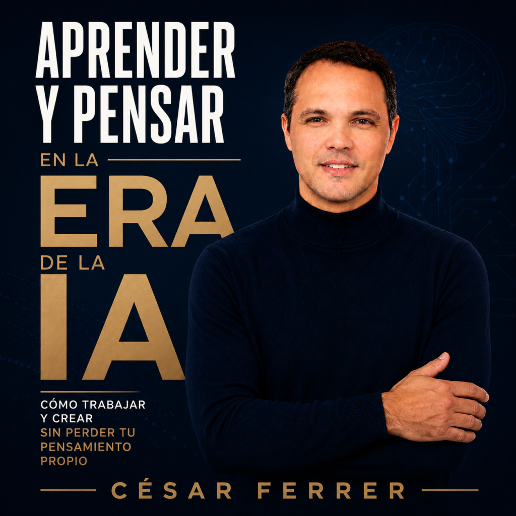 Portada del ebook Aprender y Pensar en la Era de la IA de César Ferrer, una guía sobre inteligencia artificial, pensamiento crítico, aprendizaje digital, creatividad y productividad en la era tecnológica.