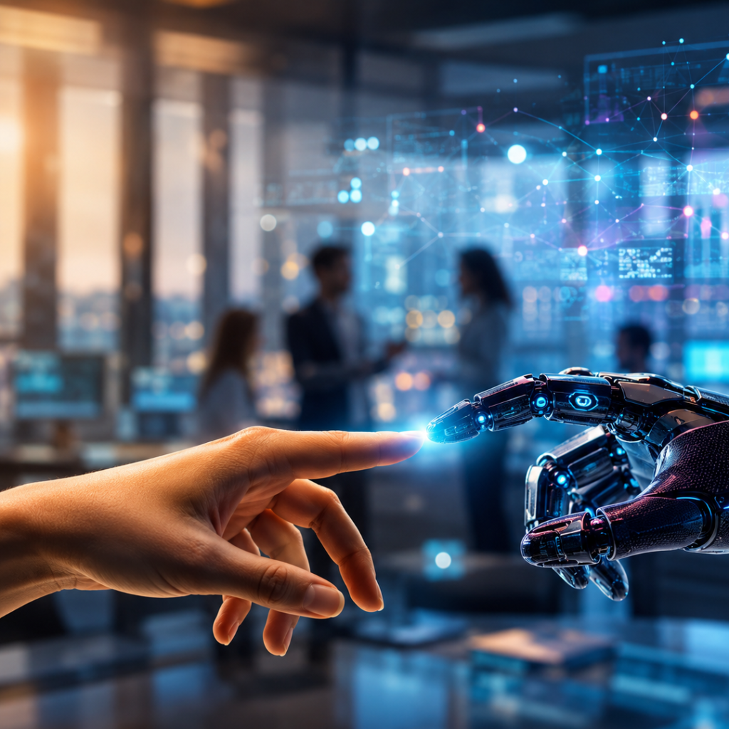 Mano humana y mano robótica de IA conectándose mediante la punta de los dedos en una oficina moderna donde un equipo colabora, representando el desarrollo de habilidades blandas frente a la inteligencia artificial en 2026.