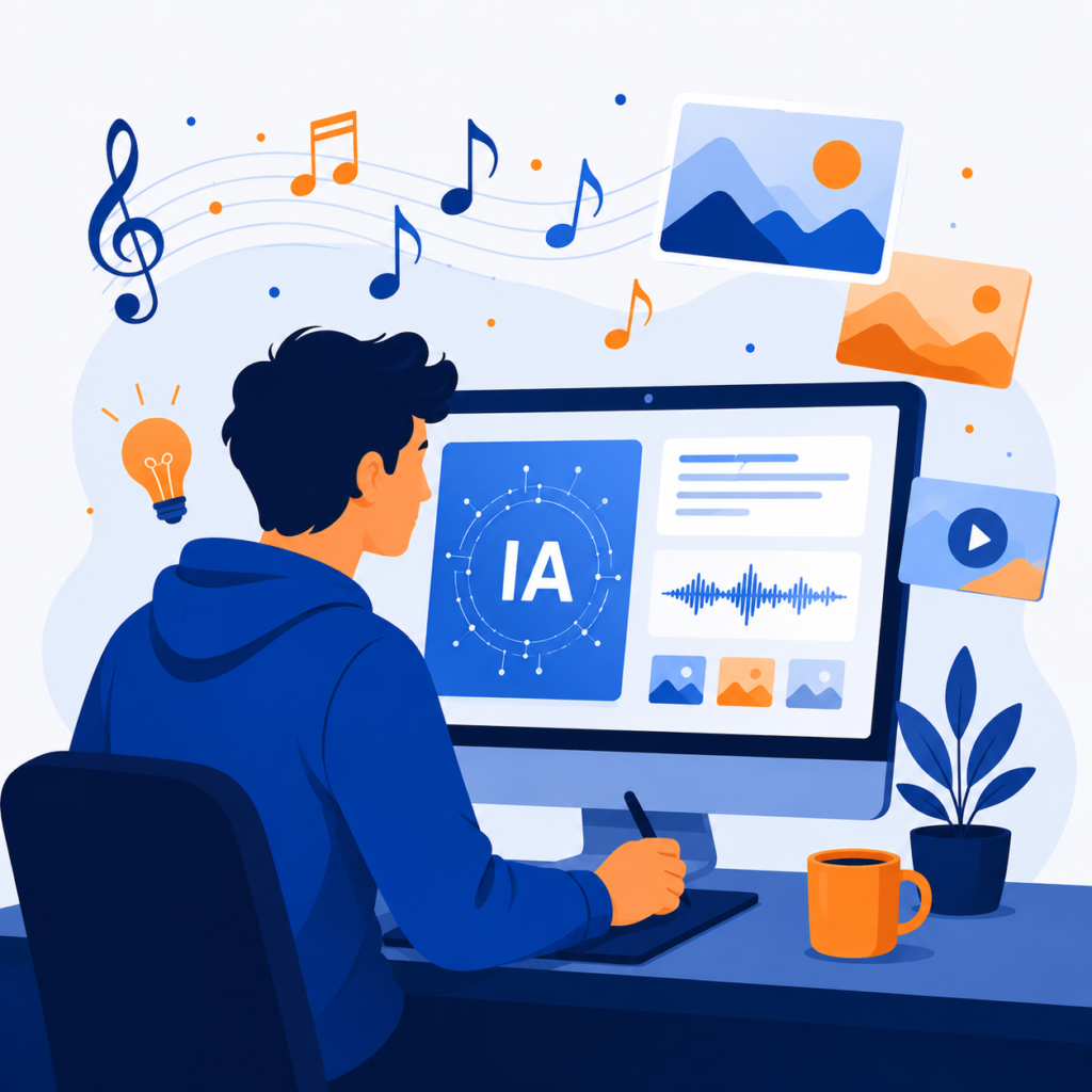 Ilustración de una persona utilizando inteligencia artificial para crear imágenes con Nano Banana y música con Lyria 3 desde una computadora, con elementos visuales y notas musicales flotando.
