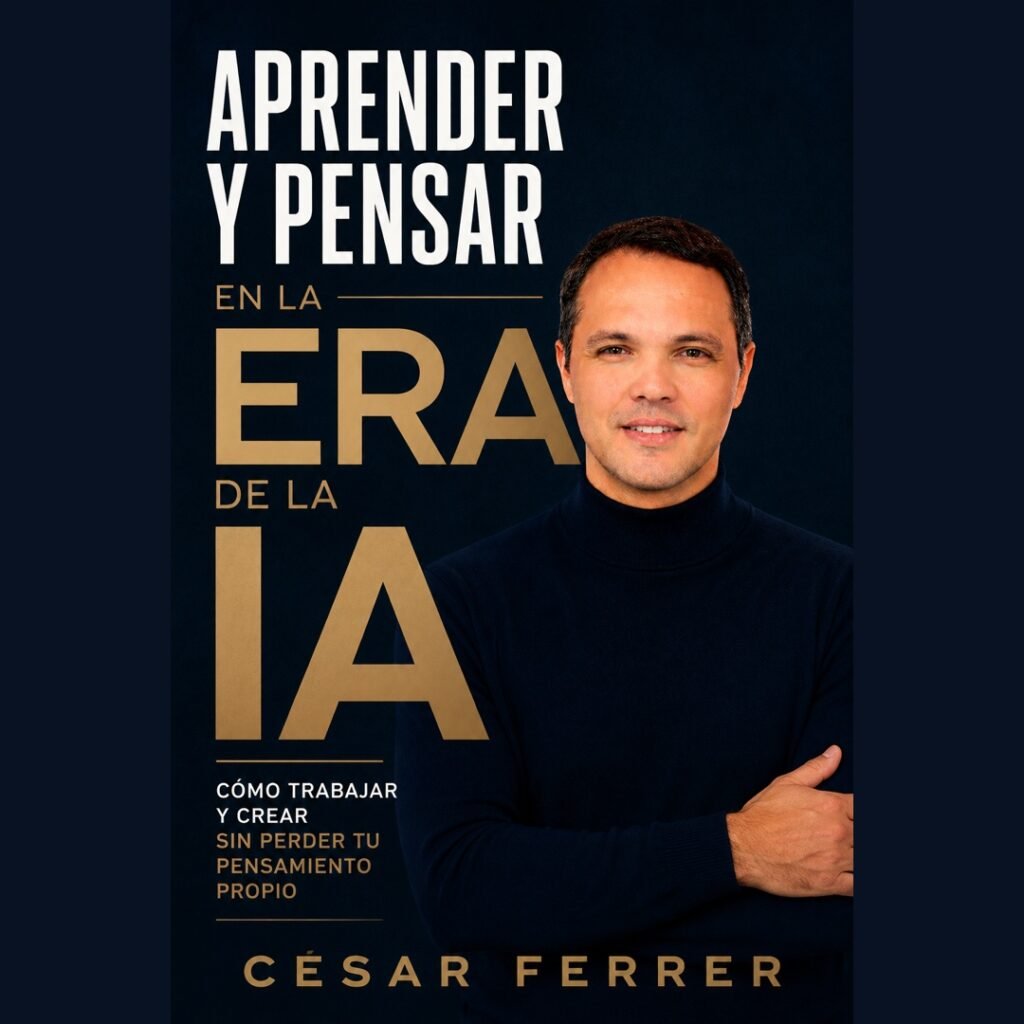 Portada del ebook Aprender y Pensar en la Era de la IA de César Ferrer sobre pensamiento crítico, productividad e inteligencia artificial.