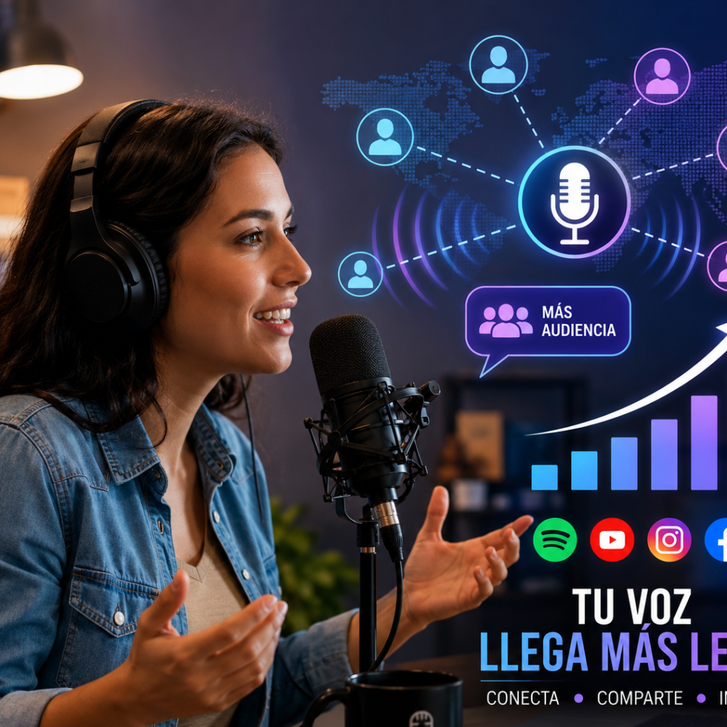 Mujer grabando un podcast con micrófono profesional en estudio, con gráficos de audiencia global, crecimiento y redes sociales que representan el alcance del contenido