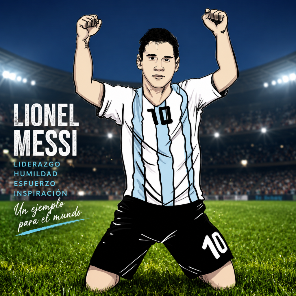 Ilustración de Lionel Messi celebrando con la camiseta de la Selección Argentina, símbolo de liderazgo, humildad, resiliencia y trabajo en equipo.