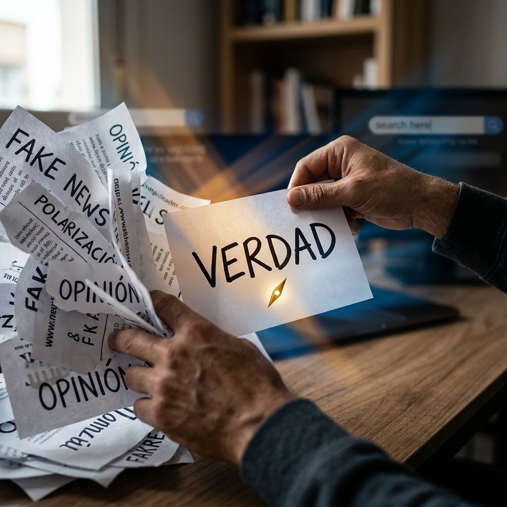 Manos humanas seleccionando una hoja con la palabra Verdad entre un flujo de papel caótico con noticias falsas y desinformación para ilustrar qué es el pensamiento crítico.