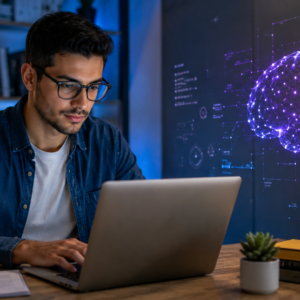 Estudiante usando laptop con gráfico brillante de cerebro digital de Inteligencia Artificial y Neuroeducación en la plataforma EduInnova360